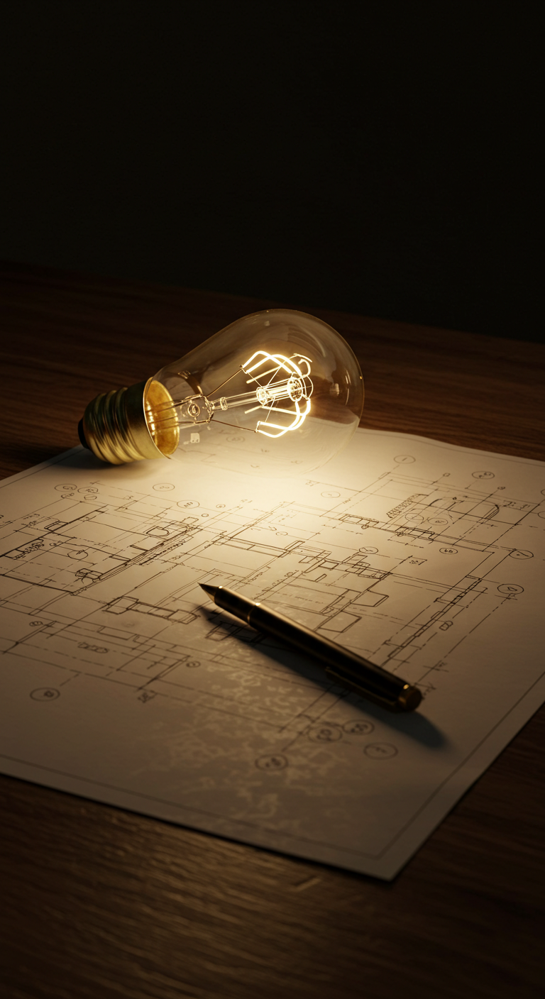 Lightbulb illuminating architectural plans